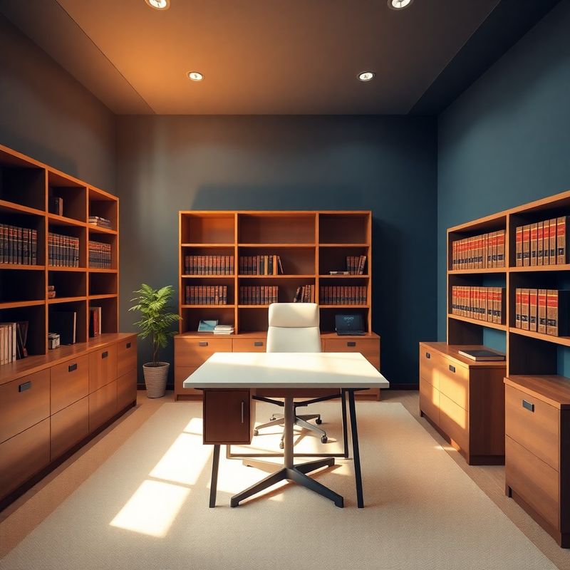 Interior de birou profesional în nuanțe de albastru-cerneală și alb cald